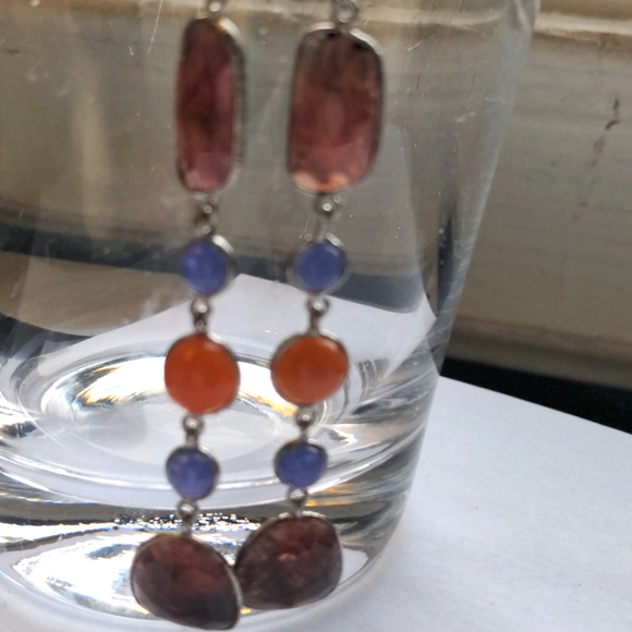 Sapphire, Tanzanite, Peach Moonstone Drop Earrings 3 1/2 " Sterling Silver New - Picture 6 of 10